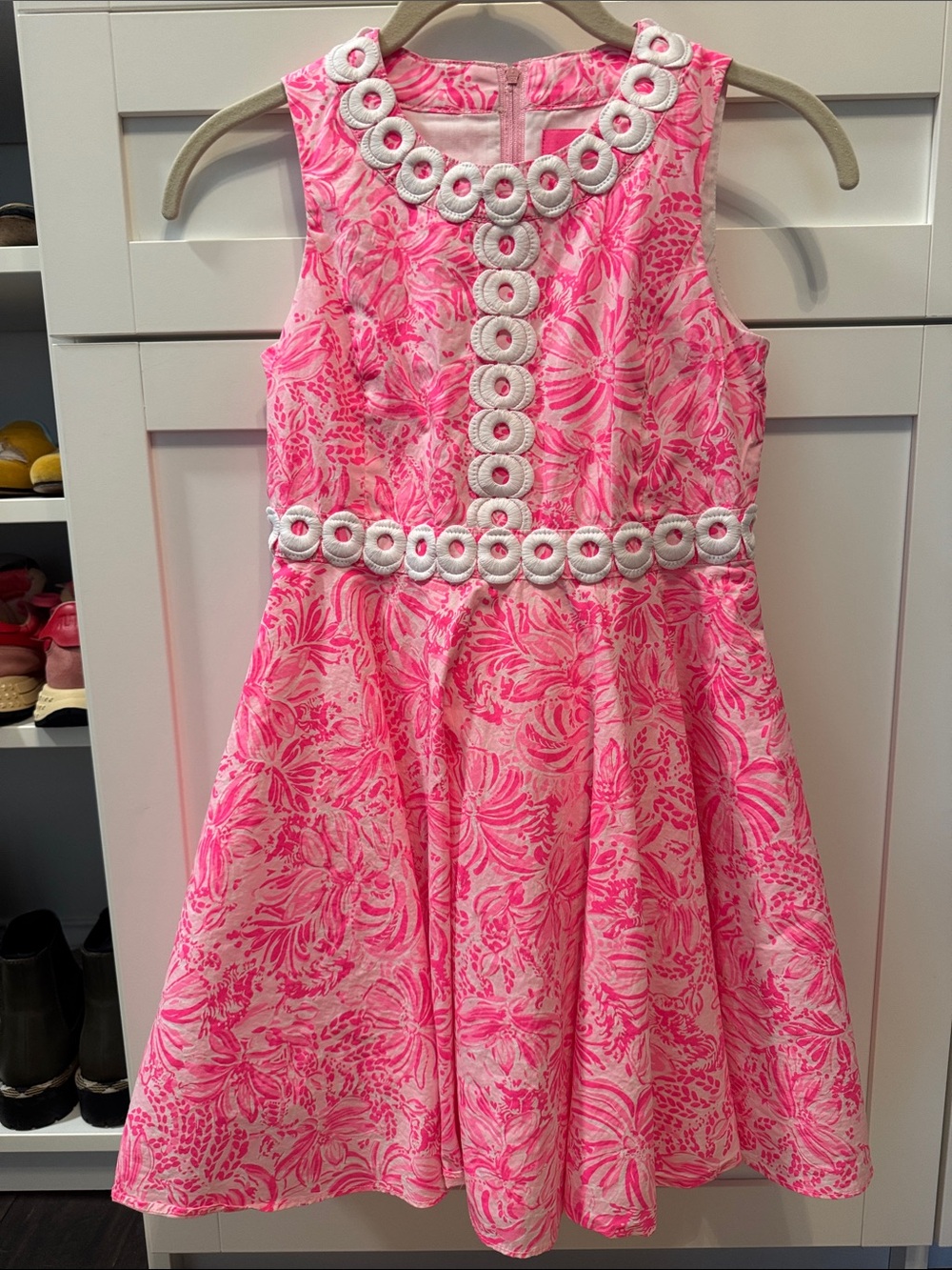 Lilly Pulitzer Pink Floral Flare Dress with White Trim